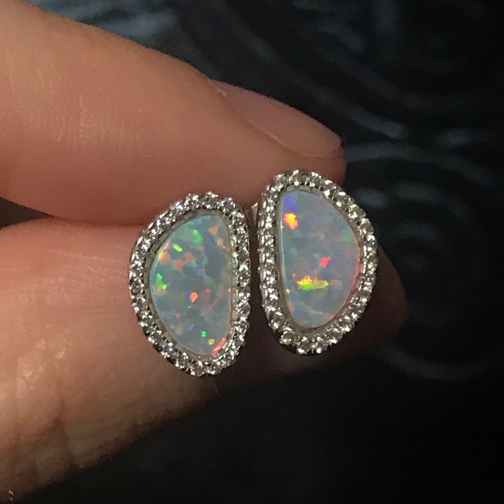 White fire opal halo earrings